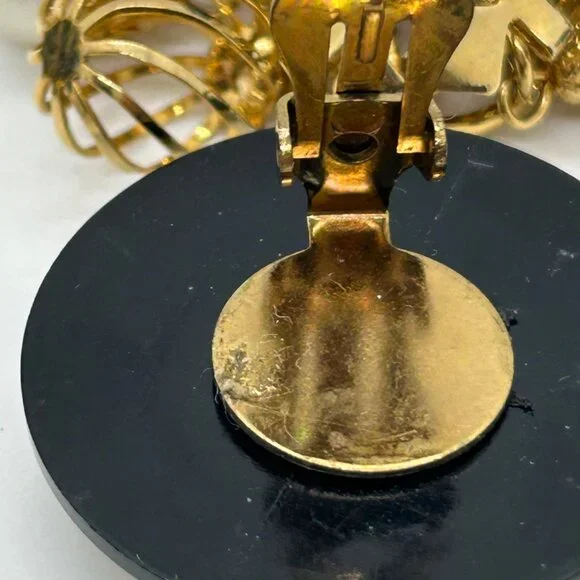 Vintage Gold Black Dangle Earrings Faux Pearl Geometric Retro Runway Chandelier - Picture 13 of 16